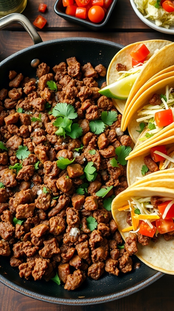 A skillet of seasoned taco meat garnished with cilantro, surrounded by taco shells and fresh toppings.